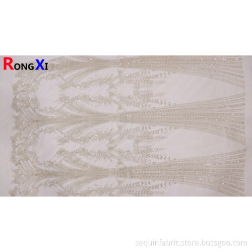 Professional Grid Pattern Beads White Embroidery Fabric